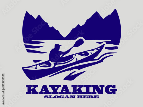 Dark blue kayaking  in mountain landscape within circular frame. Outdoor adventure graphic design logo vector. illustration minimalist kayaking  with raised paddle against light background