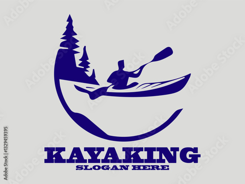Dark blue kayaking  in mountain landscape within circular frame. Outdoor adventure graphic design logo vector. illustration minimalist kayaking  with raised paddle against light background