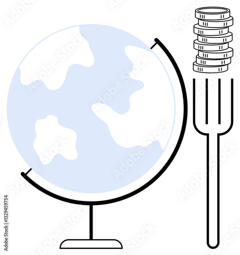 Globe and fork holding coin stack represent global finance, economic disparity, sustainability, wealth management, resource allocation, globalization, investment. Ideal for flat simple metaphor