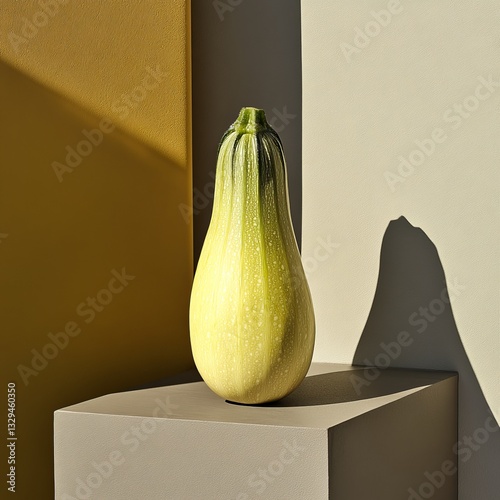 A fresh yellow zucchini stands gracefully on a pedestal under soft lighting. The minimalist background enhances its beauty. Perfect for food or home decor themes. AI