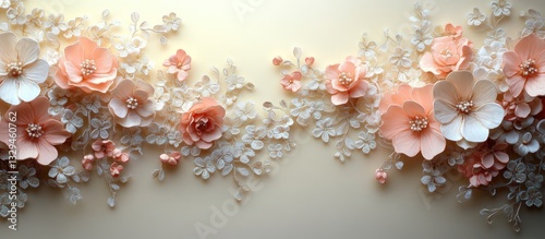 Elegant peach and white floral arrangement on a cream background.