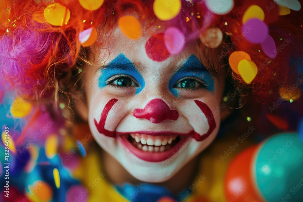 Joyful Clown Kid Celebrating a Fun Spring Day Indoors with Laughter and Playful Spirit Joyful Clown Kid Celebrating a Fun Spring Day Indoors with Laughter and Playful Spirit