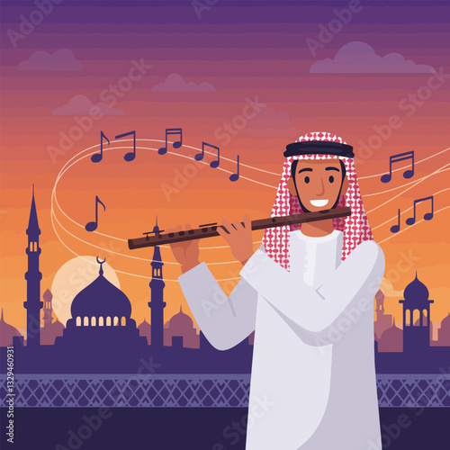 Man Plays Flute with City Silhouette at Sunset Musical Illustration