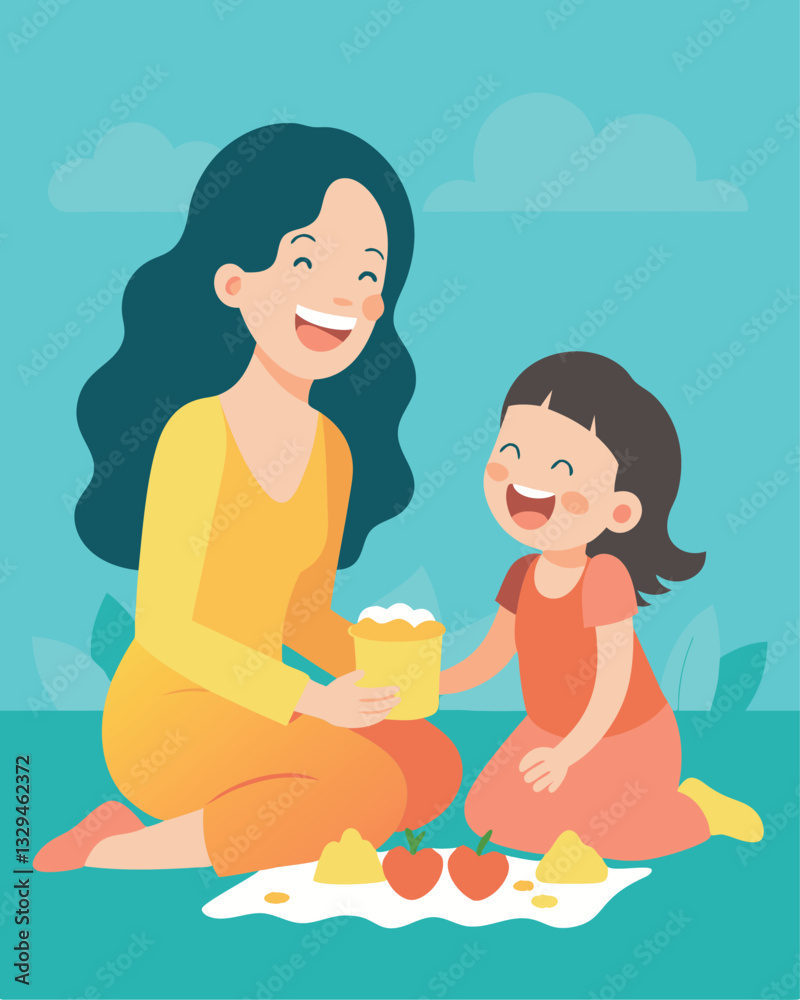 Joyful Mother's Day: A Loving Embrace, Happy Mom and Daughter Sharing Laughter, Playful Illustration