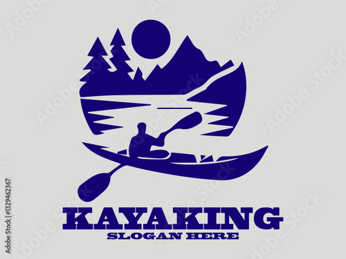 Dark blue kayaking  in mountain landscape within circular frame. Outdoor adventure graphic design logo vector. illustration minimalist kayaking  with raised paddle against light background