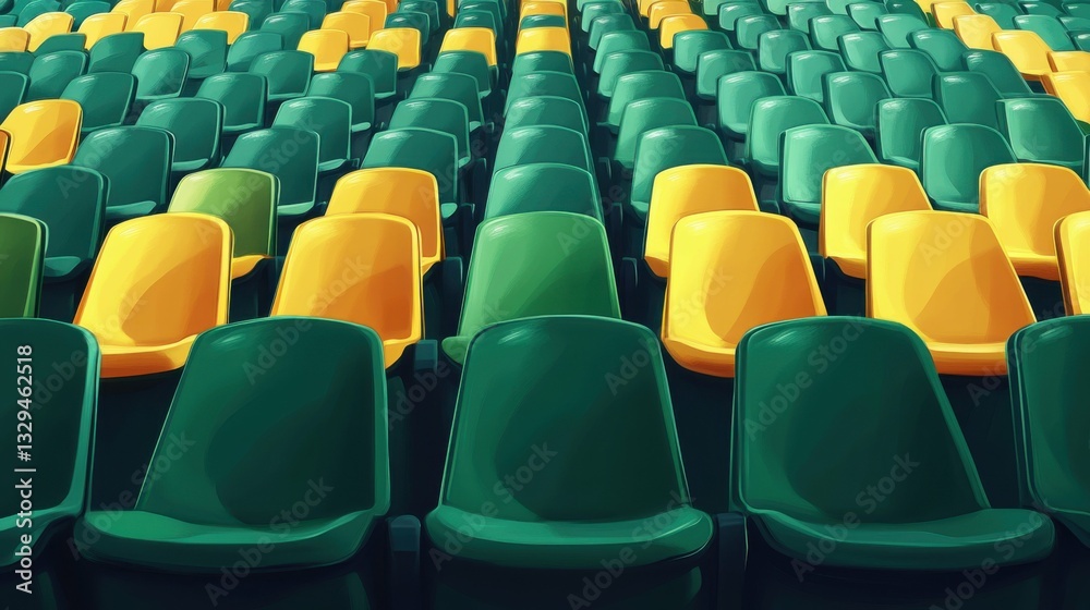 Naklejka premium Row of green and yellow plastic chairs in an empty auditorium