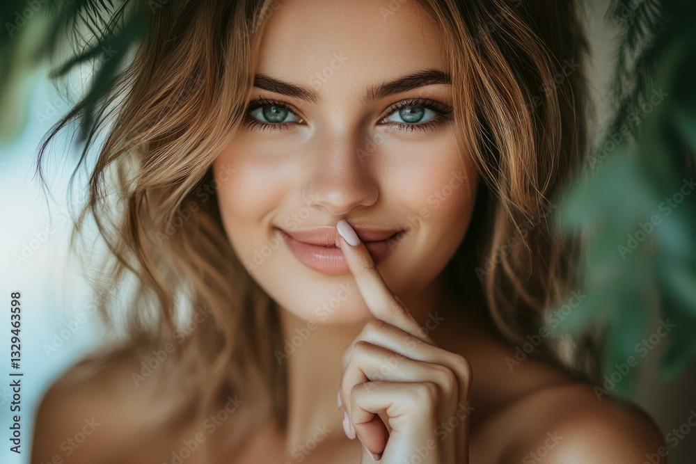 Radiant Woman in Serenity. A Beautiful Portrait of a Smiling Girl Silencing with Her Finger Radiant Woman in Serenity. A Beautiful Portrait of a Smiling Girl Silencing with Her Finger