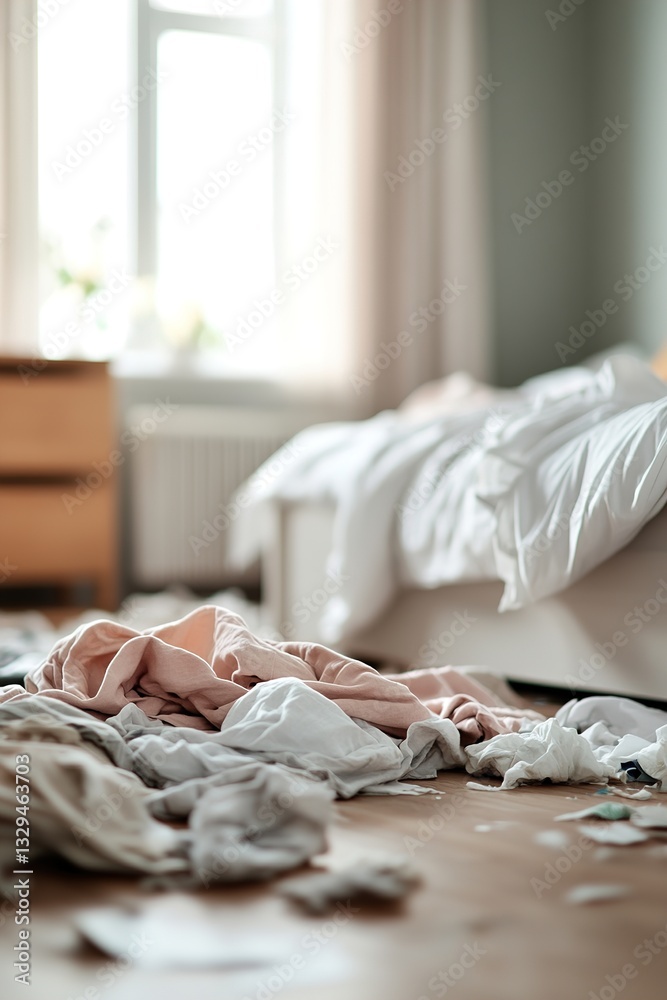 Fototapeta premium Clutter fills the bedroom with an unmade bed and clothes strewn on the floor. The nightstand is messy, highlighting the need for organizing and cleaning solutions