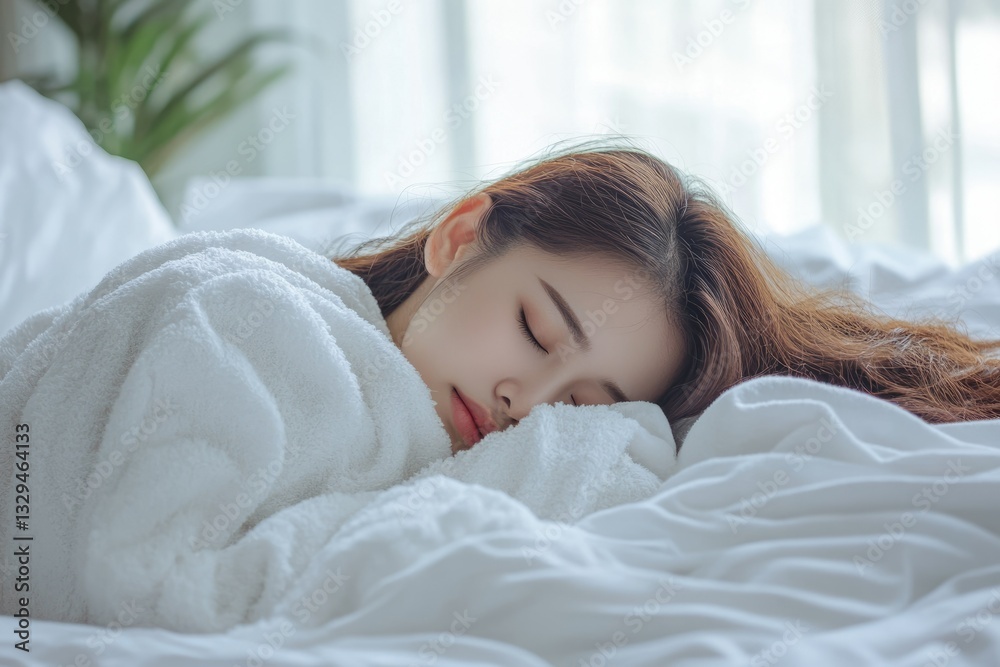 Obraz premium Serene Asian Woman Embracing Comfort While Side Sleeping on a Bright Bed, Enjoying a Blissful Daydream Under a Soft Blanket