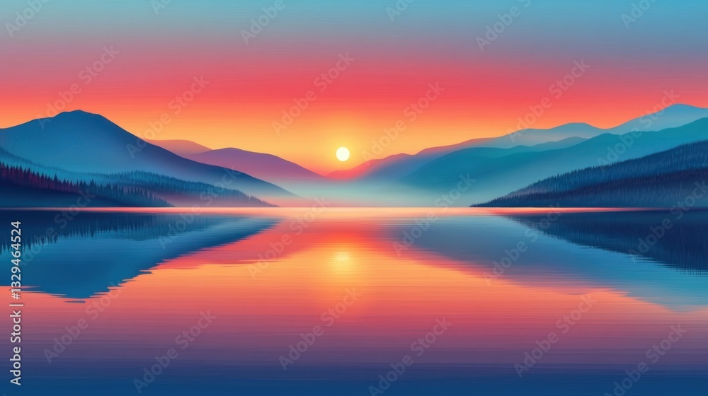 Obraz premium Serene mountain landscape at sunset with tranquil lake reflection