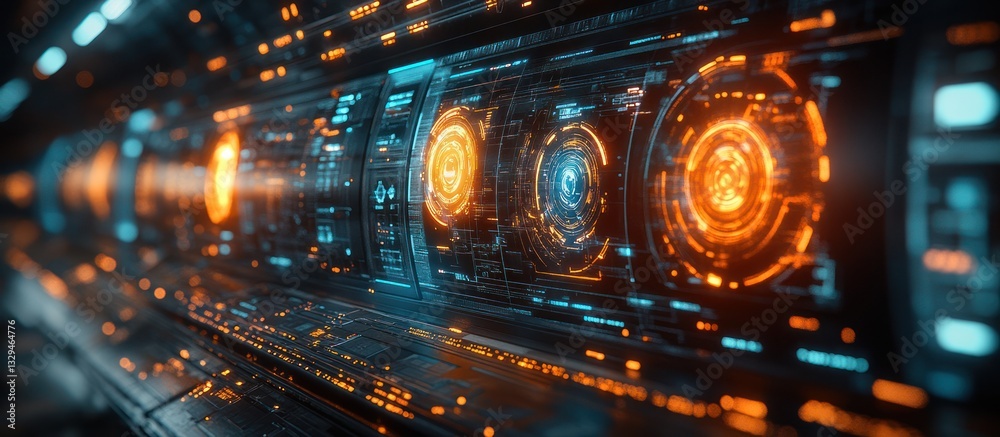 Naklejka premium Futuristic control panel with glowing orange and blue interfaces.