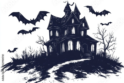 Spooky Mansion Sketch: Eerie Haunted House Illustration for Halloween Atmosphere