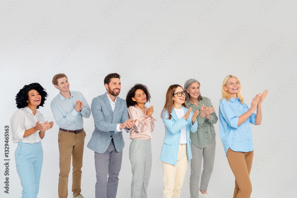 Group of diverse business professionals clapping together in a collaborative and friendly environment on a neutral grey background. Group of diverse business professionals clapping together in a collaborative and friendly environment on a neutral grey background.