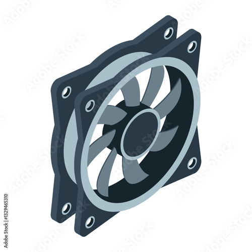 Isometric computer fan. Computer fan cooler. Isometric of PC case fan. Computer hardware components. Vector illustration