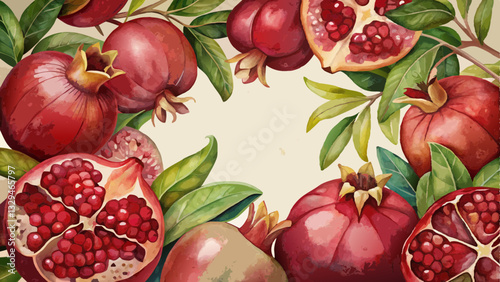 Watercolor pomegranate background in rich reds and greens, symbolizing abundance and fertility with copy space  