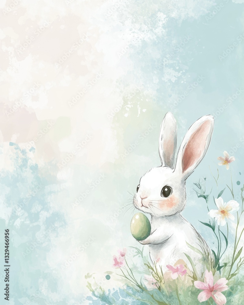 Obraz premium Whimsical Watercolor Easter Bunny Border with Floral Accents for Invitation Templates