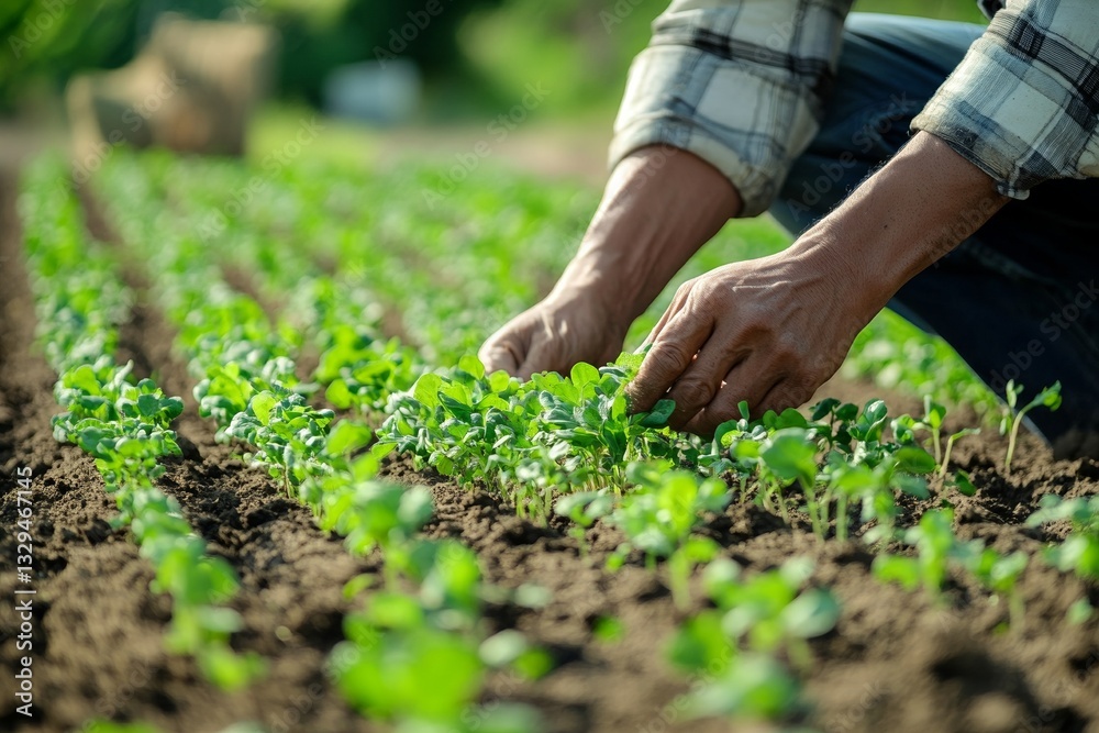 Fototapeta premium Asian male farmer cultivating young plants in green field on sunny day