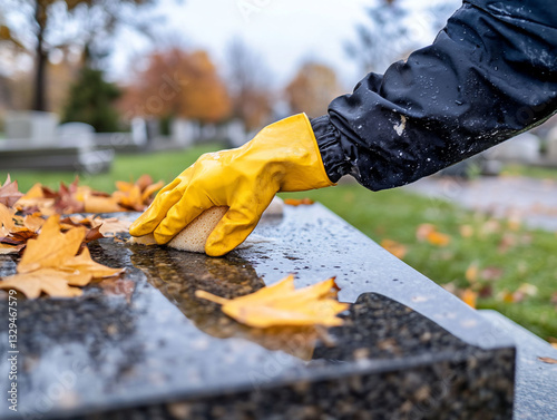 Cleaning headstone, autumn cemetery