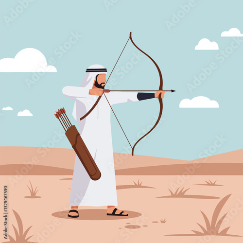 Man Archer Aiming Bow in Desert Landscape, Traditional Middle Eastern Attire