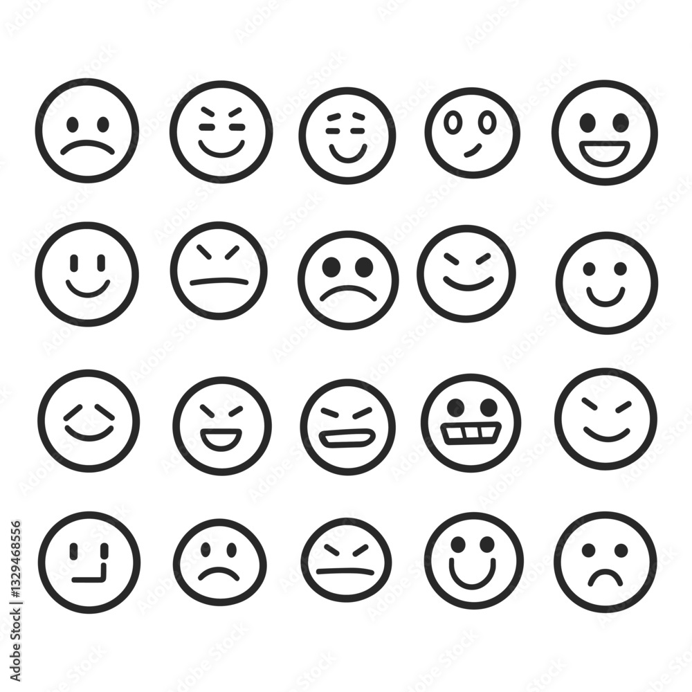 Black outline emoticon set isolated on white background Black outline emoticon set isolated on white background