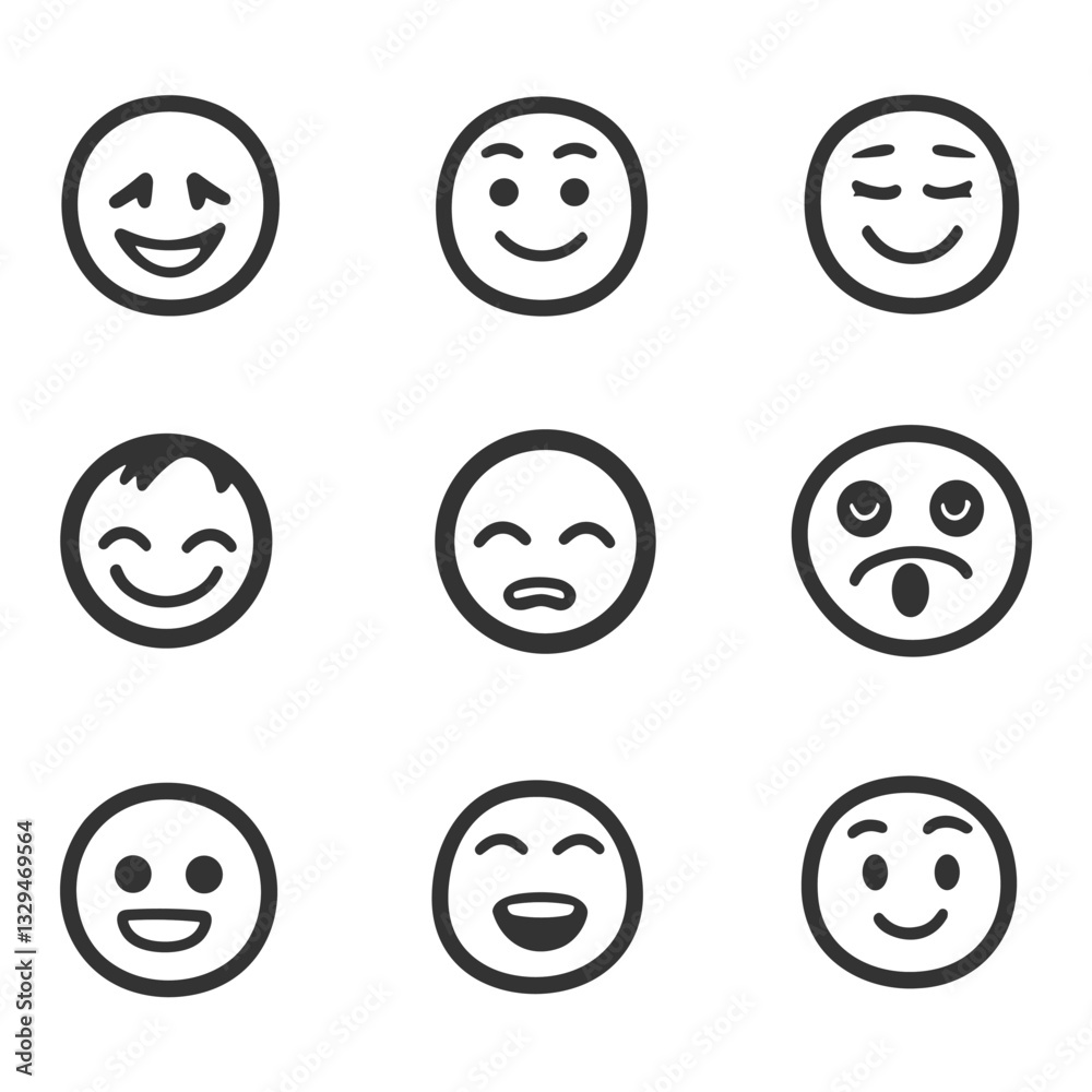Black outline emoticon set isolated on white background Black outline emoticon set isolated on white background