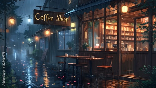 Coffee shop in rainy day cartoon anime style