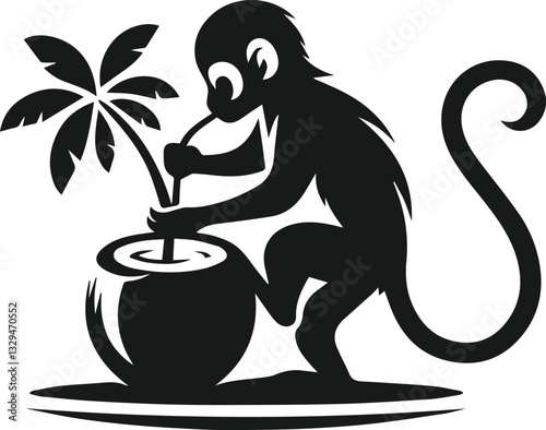 Photography monkey drinking water from a coconut black vector animal silhouette