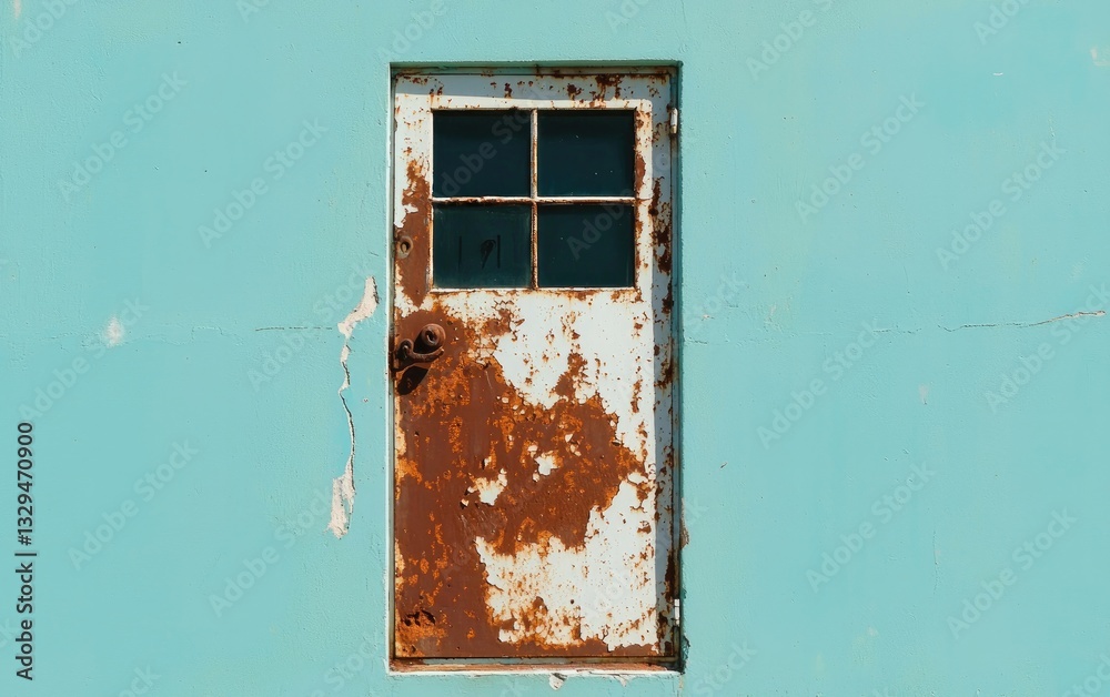 Rusty White Door Against Light Teal Wall