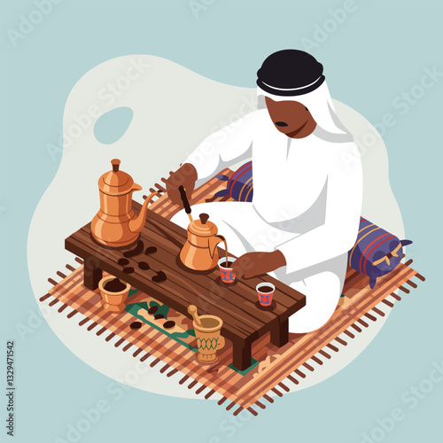 Preparing Arabian Coffee on Rug Arab Man Traditional Setting