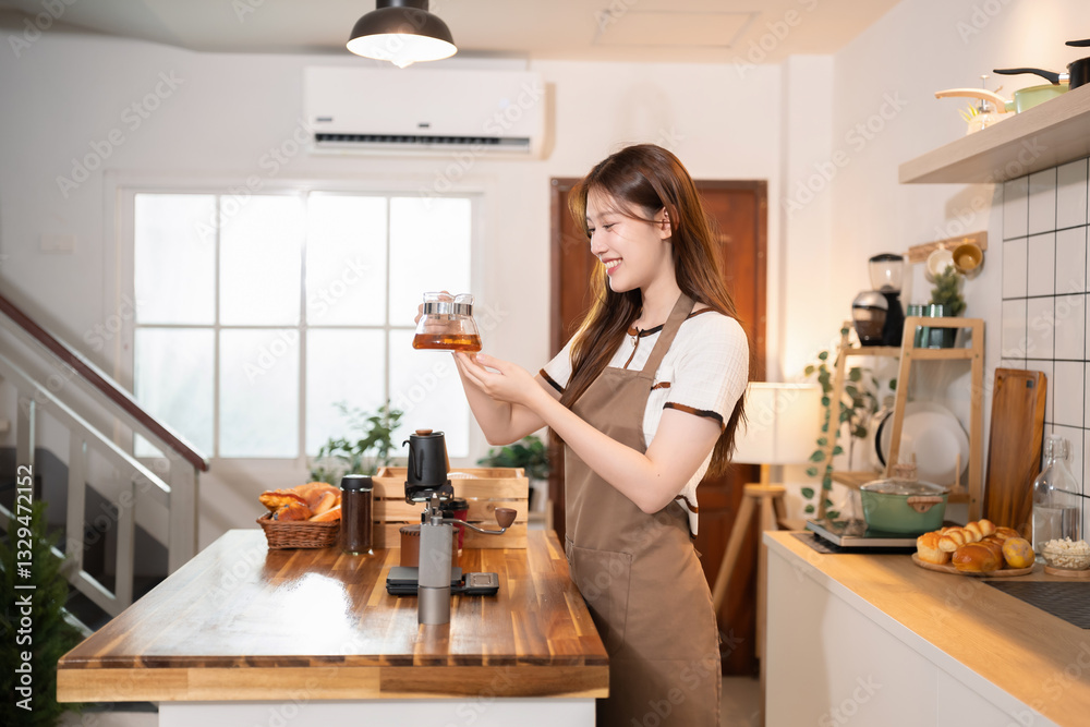 Lifestyle people, Happy woman making drip coffee in the kitchen. Lifestyle people, Happy woman making drip coffee in the kitchen.