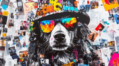 Colorful street art featuring a stylish dog with sunglasses and a hat amidst a collage of vibrant urban imagery