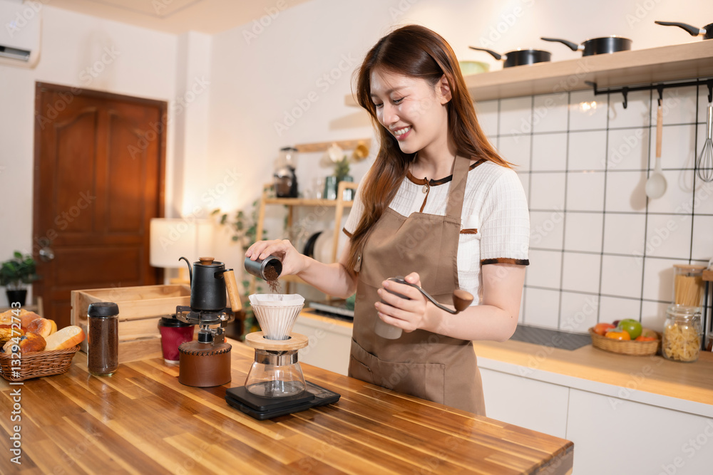 Lifestyle people, Happy woman making drip coffee in the kitchen. Lifestyle people, Happy woman making drip coffee in the kitchen.