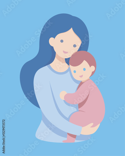 Tender Mother's Day Embrace: Mom and Baby's Warm, Loving Cuddles, Flat Vector Illustration hug art  