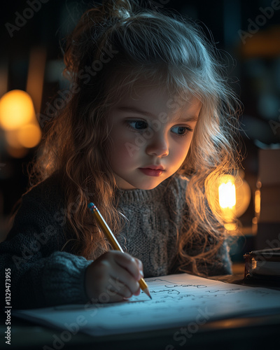  Young Girl Writing by Lantern Light