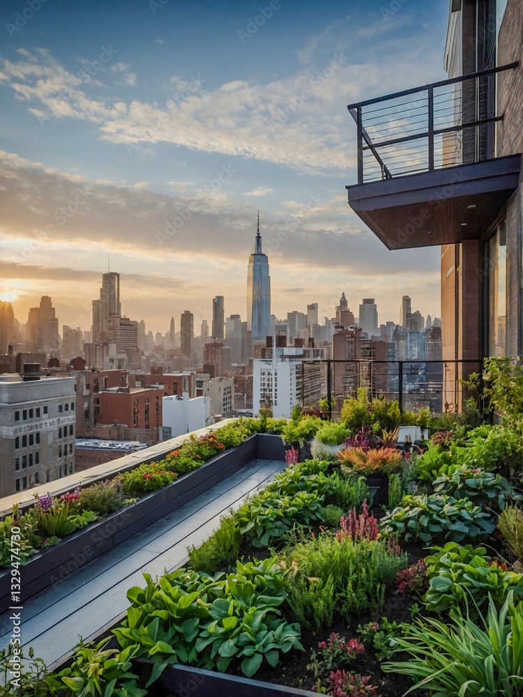 Fototapeta premium Lush rooftop garden with a city view.