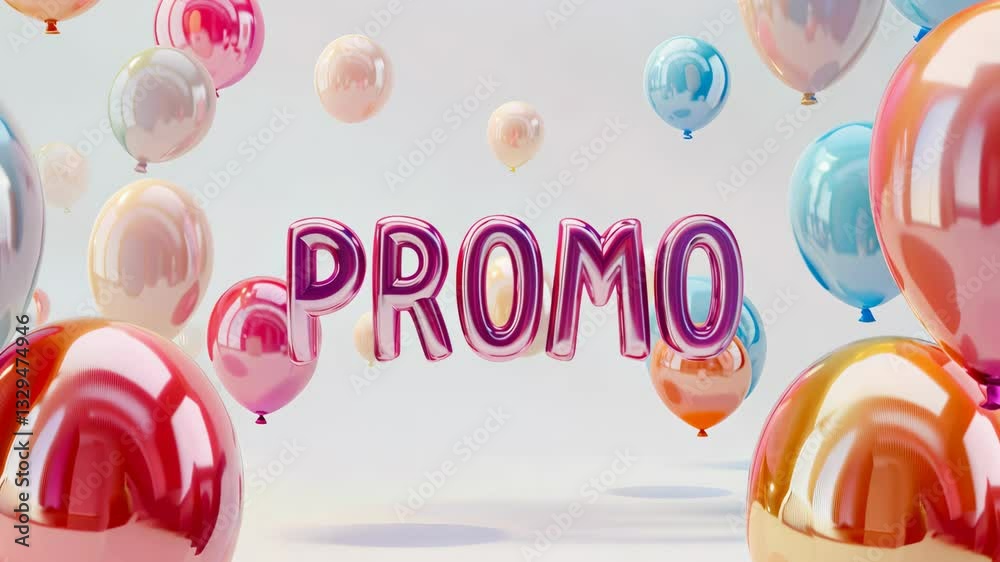 Vibrant balloon celebration with dynamic promo text and floating pastel party decor for events and festive advertising