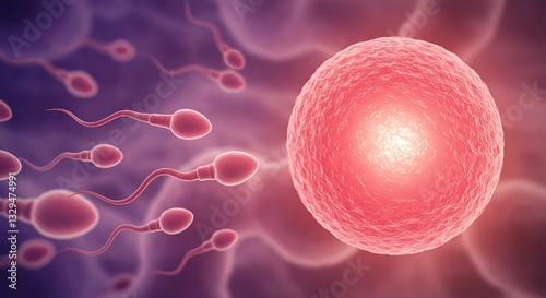 Human sperm cells swimming towards an egg cell, symbolizing fertility, conception, and the beginning of life.