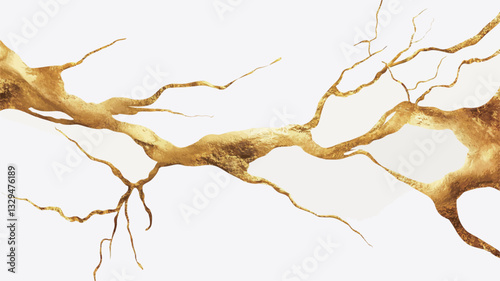 The image presents an abstract design featuring a network of golden veins or branches against a pure white background. The golden elements are irregular in shape and thickness, creating a flowing,