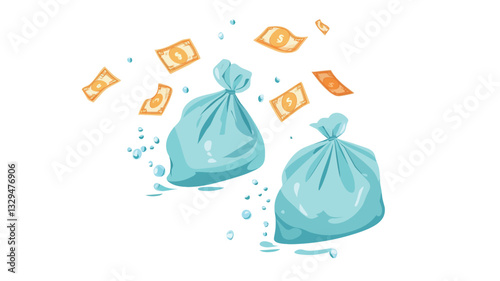 The illustration depicts two light blue plastic bags appearing to float against a white background.  Small, orange and yellow pieces of debris are scattered around and seemingly emanating from the