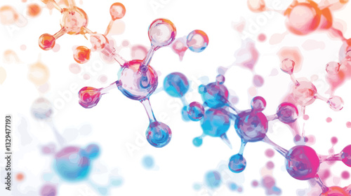 The image displays an abstract representation of a molecular structure.  It features numerous interconnected nodes or atoms, rendered in translucent, pastel shades of pink, blue, orange, and red.