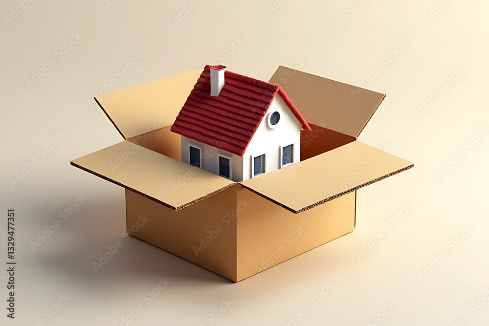 Obraz premium Moving house miniature home in box creative concept indoor setting modern design