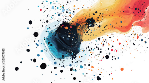 The image shows an abstract composition featuring a vibrant explosion of colors against a white background.  The colors range from deep blues and blacks at the center, transitioning outwards to