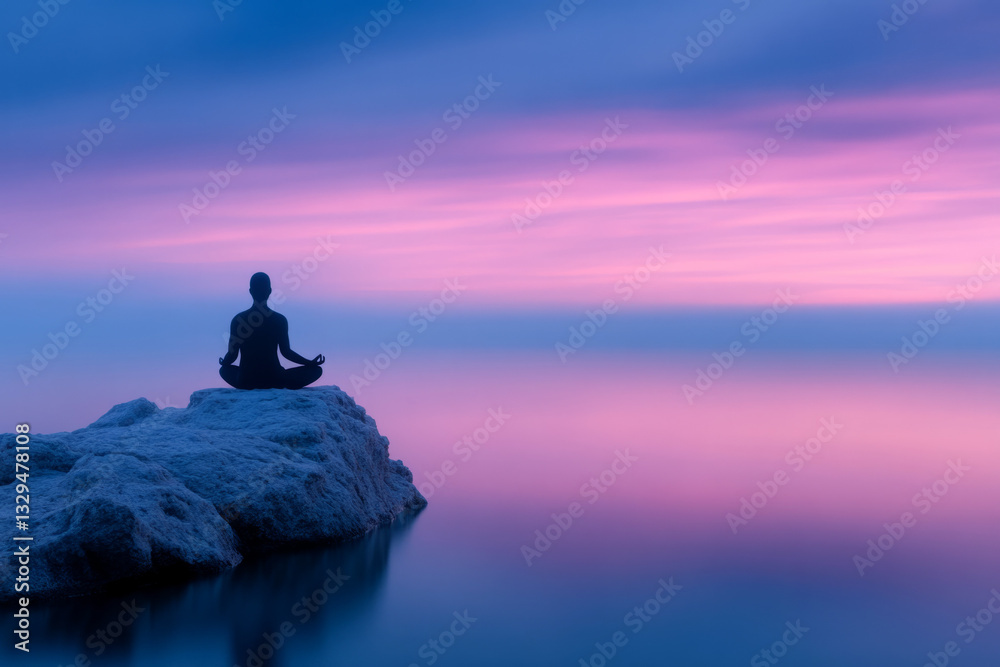 Meditation at sunset on a calm lake with colorful sky reflections Meditation at sunset on a calm lake with colorful sky reflections