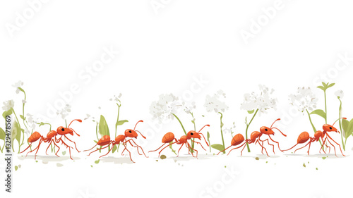A digital illustration depicting a horizontal line of red ants carrying food items, moving past a row of small white flowers with green stems and leaves.  The ants are highly detailed, exhibiting