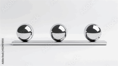The image shows three highly reflective chrome spheres resting on a straight, horizontal silver bar.  The spheres are uniformly sized and spaced, exhibiting specular highlights indicative of a