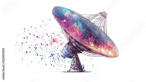 The image is a stylized digital painting or illustration depicting a large radio telescope. The dish of the telescope is rendered with vibrant, abstract colors reminiscent of a nebula or galaxy,