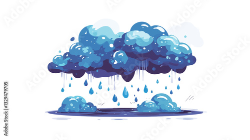 Digital illustration of a stylized rain cloud. The cloud is depicted in shades of blue, with a cartoonish, almost bubbly texture. Raindrops fall from the cloud, also rendered in blue.  The style is