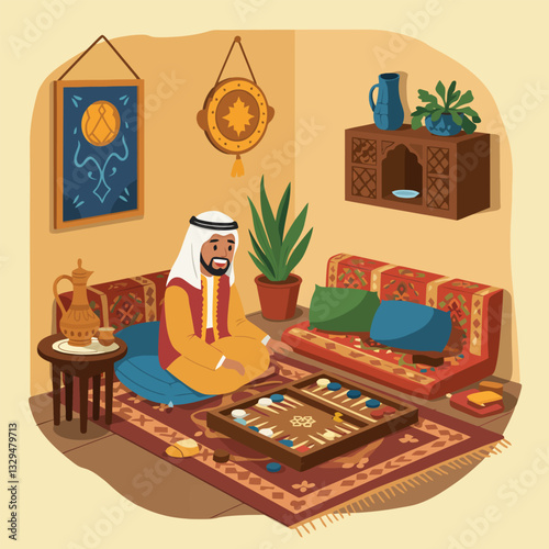 Man Playing Backgammon in Decorated Room Relaxing at Home