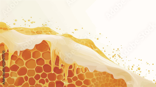 Close-up shot of honey splashing and dripping from a honeycomb. The honey is a rich golden yellow color, creating a dynamic and textured image against a white background. The image showcases the