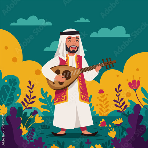 Man Playing Oud in a Colorful and Decorative Outdoor Setting